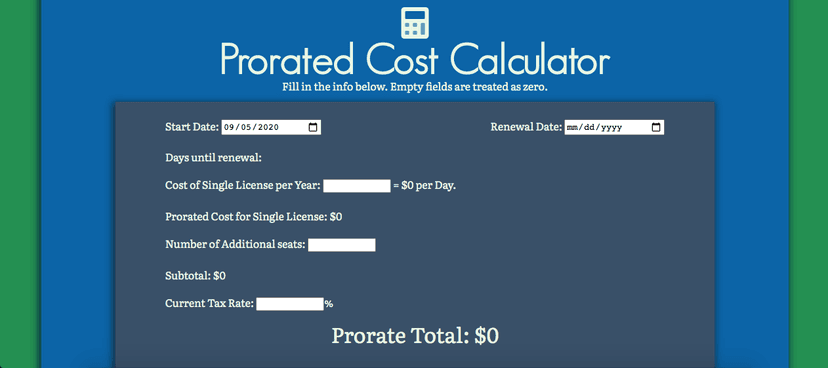 Screenshot of Prorate Cost Calculator